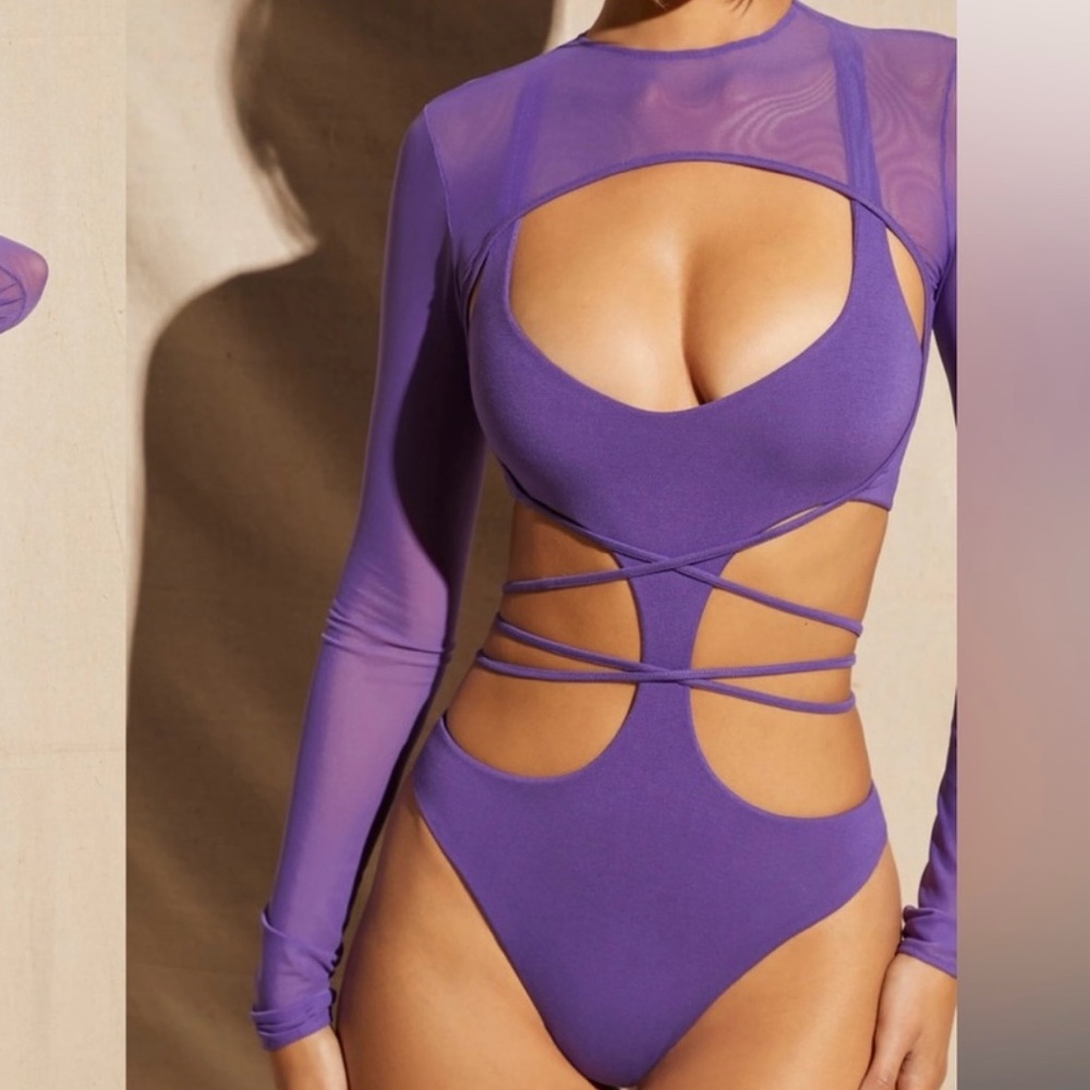 Oh Polly Vibrant Purple Mesh Cut Out Bodysuit - 2 US / 6 UK